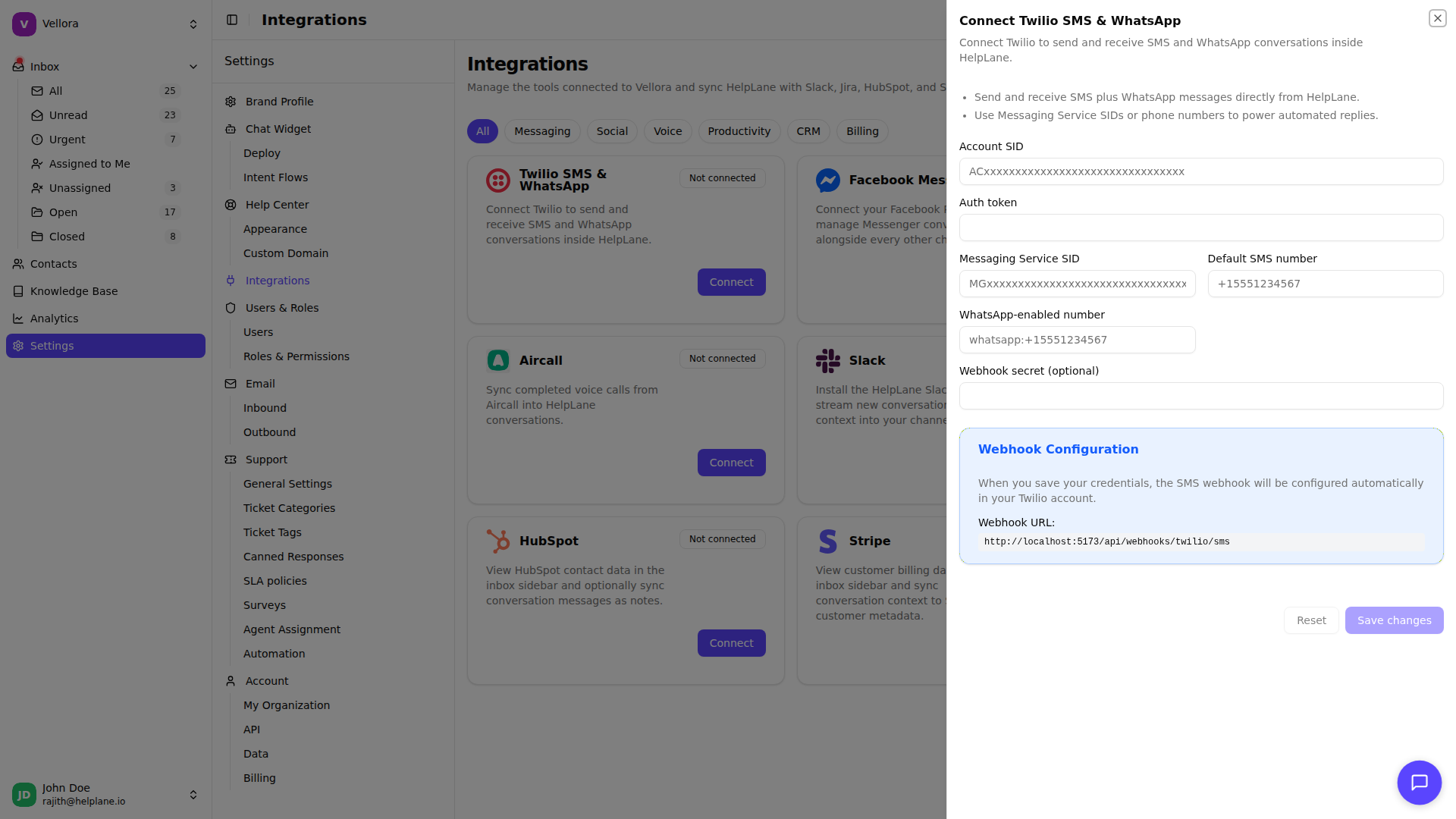 Twilio SMS Settings